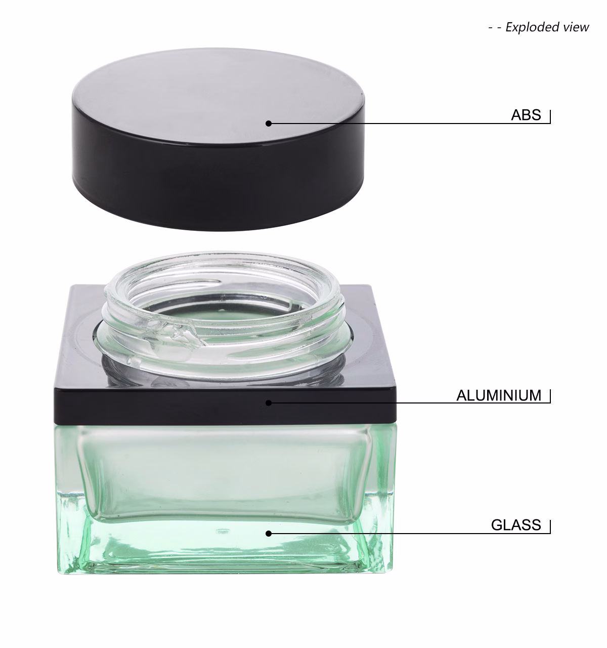 Clear Green Glass Square Shape Jar G1064 specification - Gidea PAC Tarro cuadrado de cristal verde transparente G1064 especificación