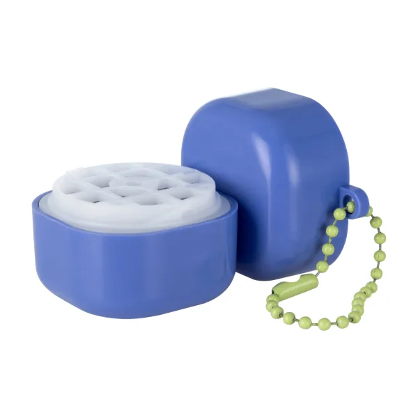 Blue compact pill container with a white grid-style insert and a lime-green beaded chain attached to the side, shown against a white background.